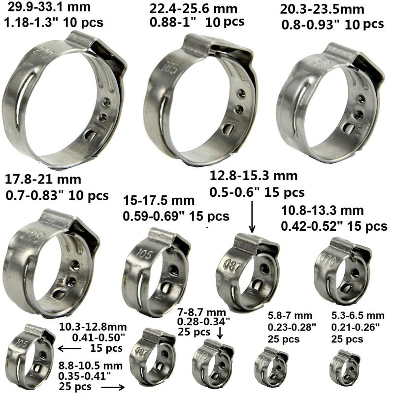 Leberna 200 Pcs 304 Stainless Steel Stepless Single Ear 5-33mm Hose Clamps with Pincers Crimper Tool Kit | Securing Pipe Hoses Automotive | Cinch Rings Pinch Clamp, Crimp Clamp Assortment PEX Crimping - Image 2